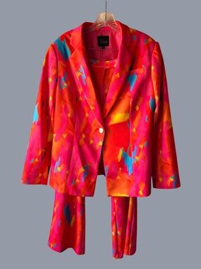 JM Studio Cecilia Abstract Pink Multicolor Notched Lapel Blazer-14 & Pants-12